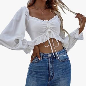 Sweetheart Neck‎ Drawstring Lantern Sleeve Crop Top white cream size small